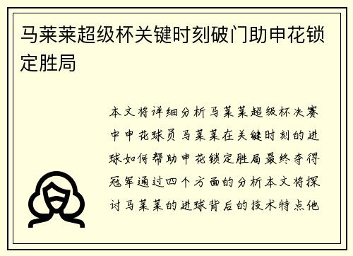 马莱莱超级杯关键时刻破门助申花锁定胜局 马莱莱超级杯关键时刻破门助申花锁定胜局