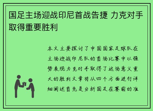 国足主场迎战印尼首战告捷 力克对手取得重要胜利 国足主场迎战印尼首战告捷 力克对手取得重要胜利